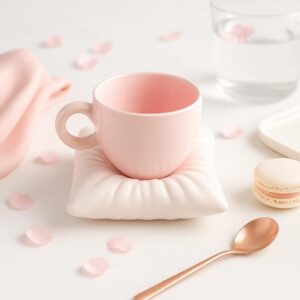 the crockery creation pink ceramic coffee cup with pillow coaster | creative couple mug & saucer set | premium gift box set