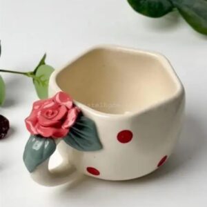 handcrafted rose handle ceramic coffee mug | 3d floral design | aesthetic polka dot mug (microwave & dishwasher safe)
