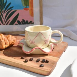 cross bow ceramic tea cup & coaster set 🎀 | handcrafted vintage inspired coffee mug | 200 ml | microwave safe