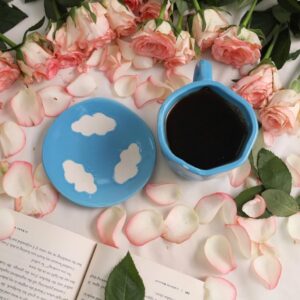 ceramic blue cloud mug with dessert plate – 250ml handcrafted coffee & tea cup set (microwave & dishwasher safe)
