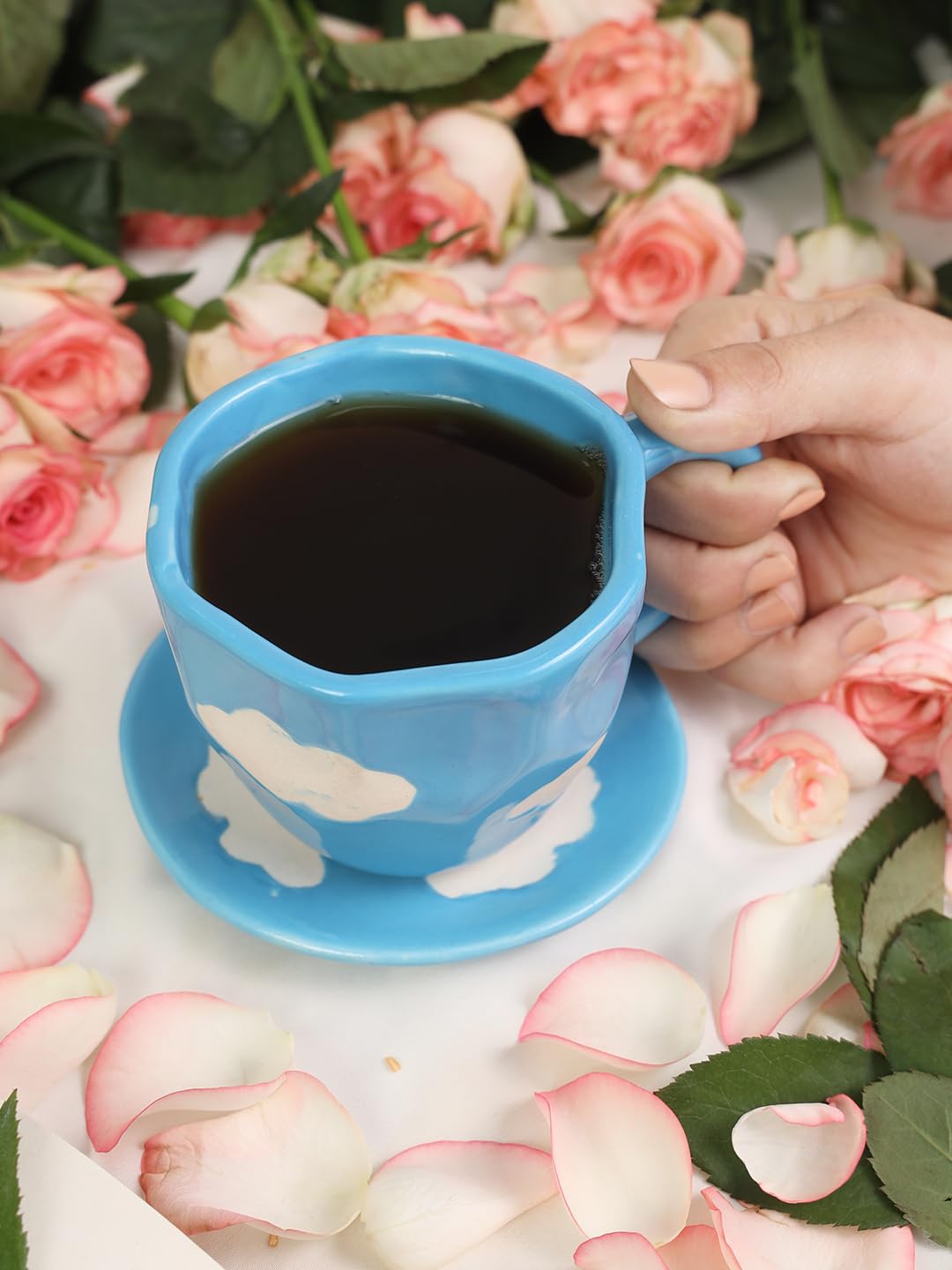 ceramic blue cloud mug with dessert plate – 250ml handcrafted coffee & tea cup set (microwave & dishwasher safe) ceramic blue cloud mug with dessert plate – 250ml handcrafted coffee & tea cup set (microwave & dishwasher safe)