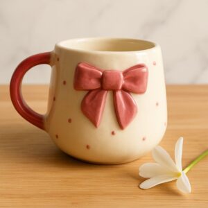 handmade pink bow ceramic coffee mug | aesthetic 3d ribbon design | microwave & dishwasher safe (250 ml)