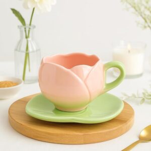 elegant pink tulip flower ceramic tea cup and leaf shaped saucer set – artistic floral tea set for home & gifting