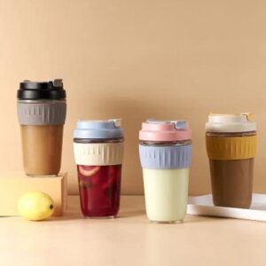 travel glass coffee mug with lid | direct & sipper drinking | leakproof, non slip, heat resistant portable reusable mug – multi colour 500ml