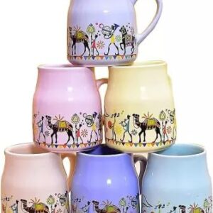 elipsis ceramic colorful bottle shape printed tea cups – premium multicolor 170ml cup set | microwave safe, food grade | pack of 6