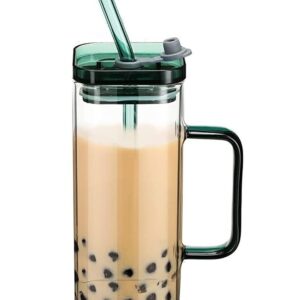 pack of 1 premium glass coffee mug with handle, leakproof bamboo lid & reusable straw | heat resistant tumbler for hot & cold drinks, office, home & travel