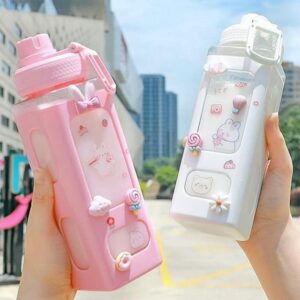 bear water bottle with straw & stickers | 700ml square cute sipper bottle for girls – portable juice/tea cup for school, travel & sports