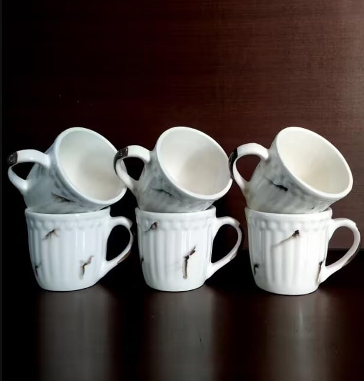 ceramic tea/coffee/milk cup set | white checkered pattern | natural theme | 125 ml | pack of 6 ceramic tea/coffee/milk cup set | white checkered pattern | natural theme | 125 ml | pack of 6