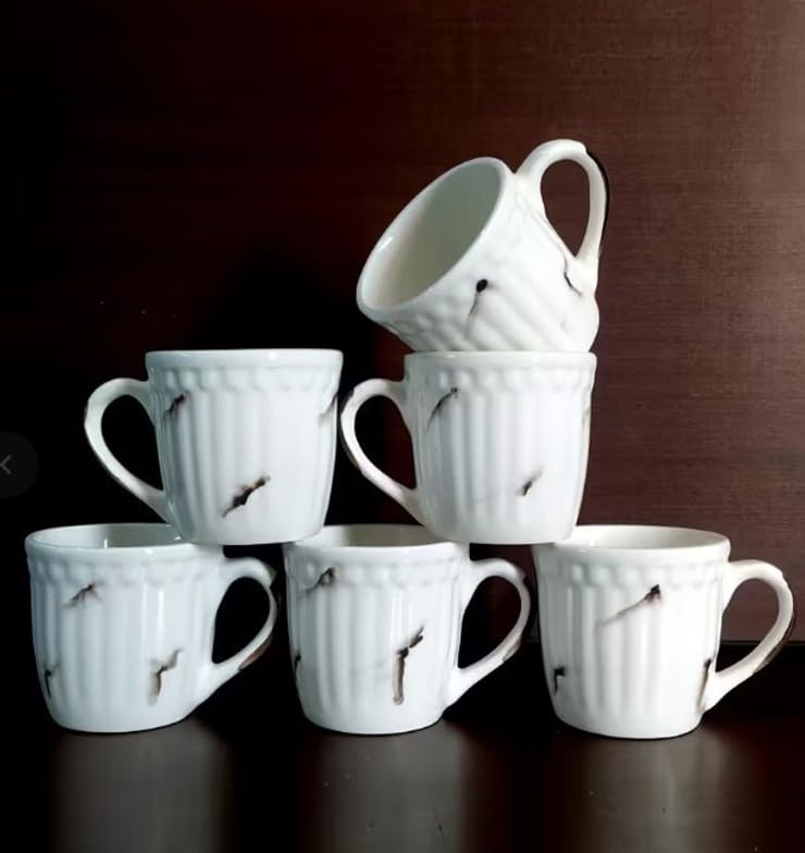 ceramic tea/coffee/milk cup set | white checkered pattern | natural theme | 125 ml | pack of 6 ceramic tea/coffee/milk cup set | white checkered pattern | natural theme | 125 ml | pack of 6