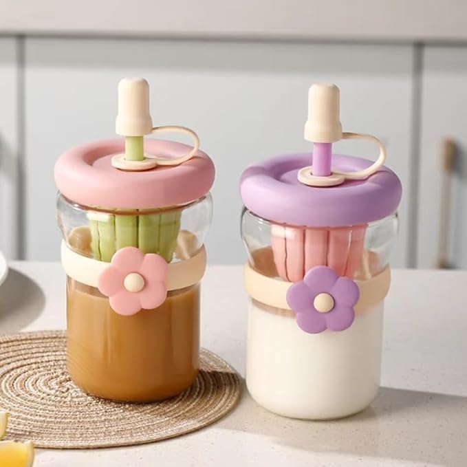 500ml glass sipper bottle with flower band | multicolor set with built in juicer & straw โ leakproof lid, cute aesthetic drinkware for kids & adults โ pack of 1 500ml glass sipper bottle with flower band | multicolor set with built in juicer & straw โ leakproof lid, cute aesthetic drinkware for kids & adults โ pack of 1