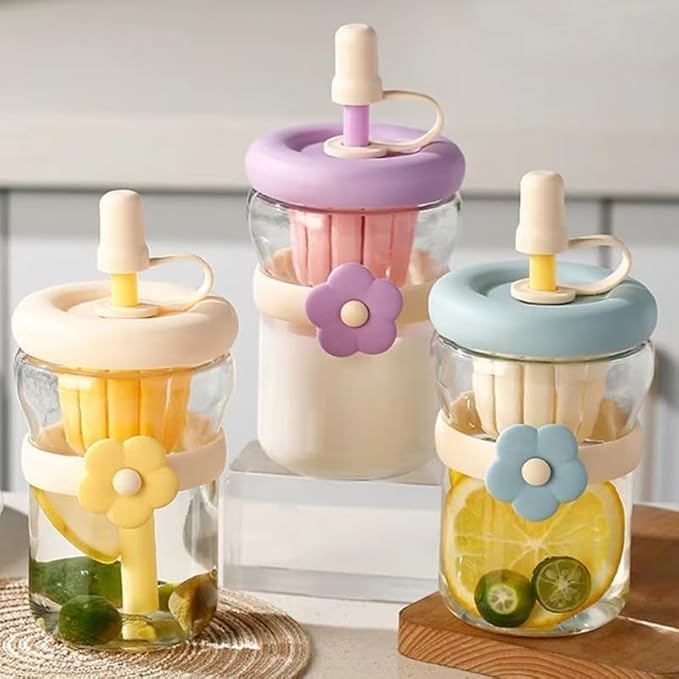 500ml glass sipper bottle with flower band | multicolor set with built in juicer & straw โ leakproof lid, cute aesthetic drinkware for kids & adults โ pack of 1 500ml glass sipper bottle with flower band | multicolor set with built in juicer & straw โ leakproof lid, cute aesthetic drinkware for kids & adults โ pack of 1