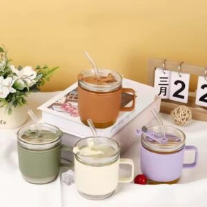 premium borosilicate milk & coffee glass mug with leather sleeve – 350ml | heat resistant glass cup with handle | stylish random color (pack of 1)