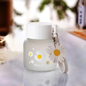 daisy frosted glass water bottle with lid – 300ml cute flower juice jar / hot & cold drinking cup with rope handle for office, home, travel & school