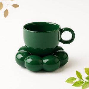 bubble ceramic cup & saucer set – unique sculptural green coffee & tea mug | modern designer drinkware (pack of 1)