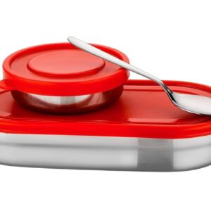 junior rectangular stainless steel lunch box with 1 small box | compact airtight & leak proof tiffin for office, school & picnic | 650ml + 140ml | red 🍱🔴