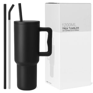 tumbler 1200ml – vacuum insulated stainless steel mug with handle, straw & leakproof lid – keeps drinks hot & cold (black)