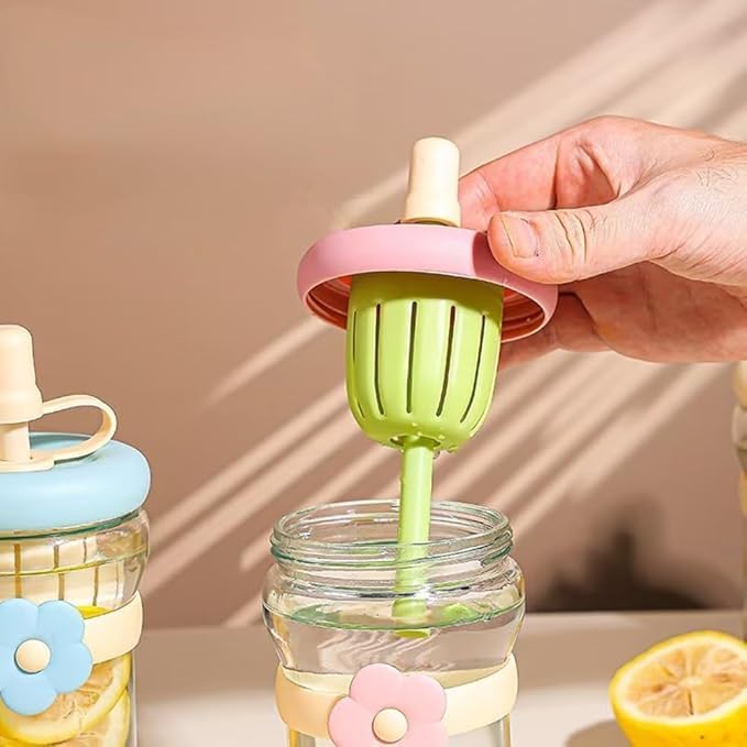 500ml glass sipper bottle with flower band | multicolor set with built in juicer & straw โ leakproof lid, cute aesthetic drinkware for kids & adults โ pack of 1 500ml glass sipper bottle with flower band | multicolor set with built in juicer & straw โ leakproof lid, cute aesthetic drinkware for kids & adults โ pack of 1