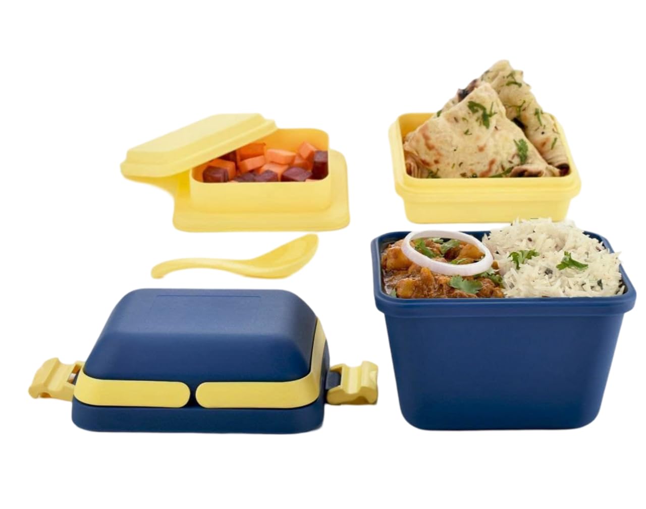 buy 1 get 1 free 3 compartment lunch box | stackable plastic tiffin with handle & push lock | airtight, leakproof & lightweight | ideal for school, office & travel (blue & grey 002) buy 1 get 1 free 3 compartment lunch box | stackable plastic tiffin with handle & push lock | airtight, leakproof & lightweight | ideal for school, office & travel (blue & grey 002)