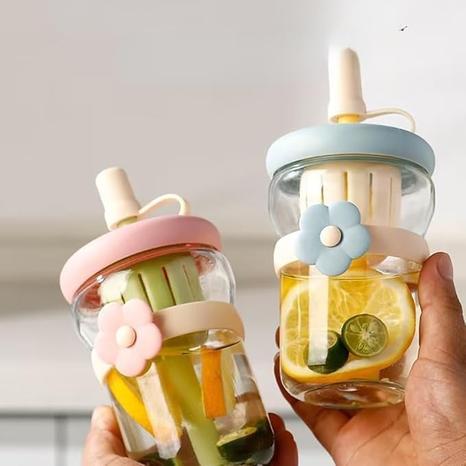 500ml glass sipper bottle with flower band | multicolor set with built in juicer & straw โ leakproof lid, cute aesthetic drinkware for kids & adults โ pack of 1 500ml glass sipper bottle with flower band | multicolor set with built in juicer & straw โ leakproof lid, cute aesthetic drinkware for kids & adults โ pack of 1