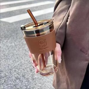 premium glass tumbler with airtight lid & straw | 450ml coffee & juice sipper with leather grip | hot & cold drink cup – pack of 1 🥤✨