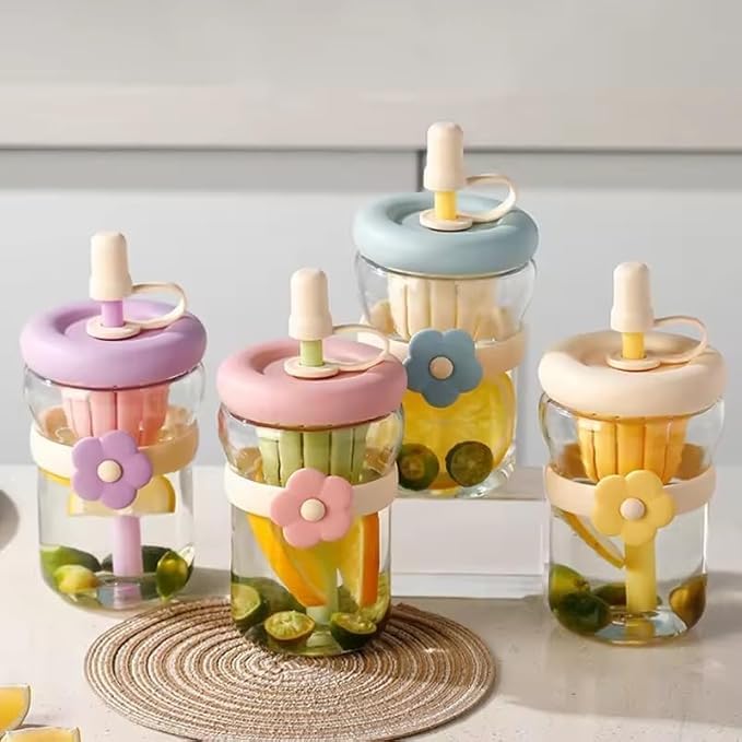 500ml glass sipper bottle with flower band | multicolor set with built in juicer & straw โ leakproof lid, cute aesthetic drinkware for kids & adults โ pack of 1 500ml glass sipper bottle with flower band | multicolor set with built in juicer & straw โ leakproof lid, cute aesthetic drinkware for kids & adults โ pack of 1