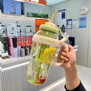 cute 1300ml portable plastic sippy cup | belly shaped water bottle with handle, removable straw & tea infuser – leakproof fitness & travel bottle