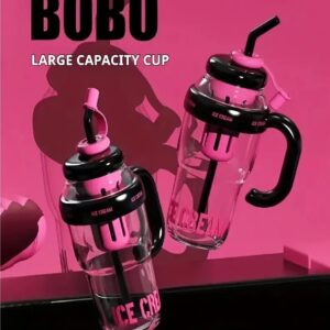 ice bottle with straw 1300ml | bpa free large capacity detox water bottle with handle | heat resistant cute ice cream design bottle for kids & adults – multicolor