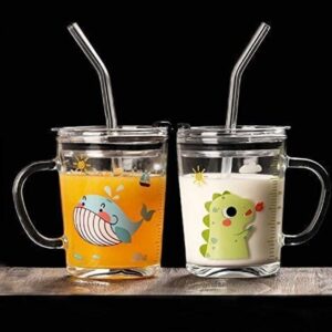 glass mug with random cartoon design, multipurpose measuring cup with straw & glass lid | 370ml magic glass for milk, tea, coffee, juices & thick shakes – pack of 1