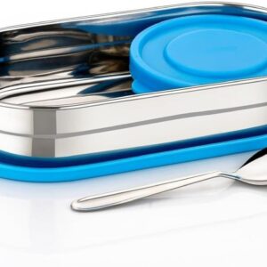 junior rectangular stainless steel lunch box with 1 small box | compact airtight & leak proof tiffin for office, school & picnic | 650ml + 140ml | blue 🍱💙