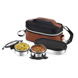 3 container stainless steel lunch box with zipper carry bag | airtight, leak proof & travel friendly tiffin set | office, school & picnic | bpa free, dishwasher safe, rust proof
