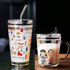 cartoon glass milk & juice cups for kids | 400ml + 470ml sipper tumbler with lid & straw – pack of 2