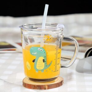 random design glass measuring mug with handle, lid & straw – 350ml milk, juice & iced coffee mug for kids (pack of 1)