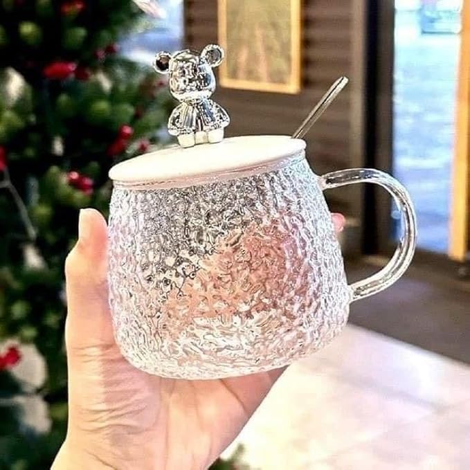 cute textured glass mug π | coffee mug with lid & spoon | 400ml premium glass cup for coffee, tea & milk | aesthetic luxury drinkware | pack of 1 cute textured glass mug π | coffee mug with lid & spoon | 400ml premium glass cup for coffee, tea & milk | aesthetic luxury drinkware | pack of 1