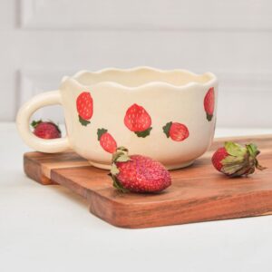 cute strawberry ceramic cup 🍓 | handmade aesthetic coffee mug with handle | kawaii soup & tea cup for home, office & gifting
