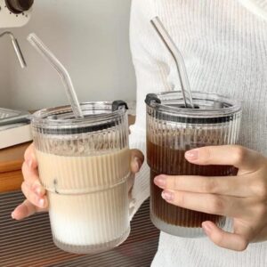 round glass fruit juice & milk sipper tumbler mug with lid & straw | cute kids drinkware | 450ml multipurpose can style glass cup – pack of 1 🥤🍎✨
