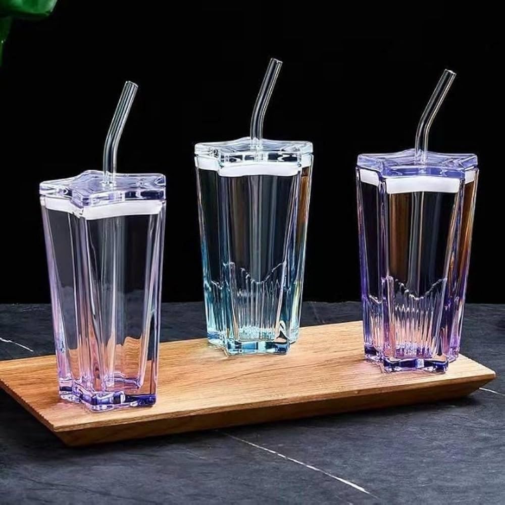 star shaped glass tumbler with lid & straw | cute pentagram design coffee, iced tea & cocktail sipper mug – 300ml – pack of 1 star shaped glass tumbler with lid & straw | cute pentagram design coffee, iced tea & cocktail sipper mug – 300ml – pack of 1