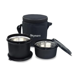 executive small microwave safe lunch box | 2 stainless steel containers + insulated bag | airtight, leak proof & spill proof tiffin | 600ml + 450ml | black