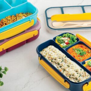 lunch box | 4 compartment airtight tiffin with handle & push lock | microwave safe steel + plastic bento box for school & office (new blue) – made in india