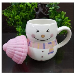 snowman ceramic mug with pink cap ☃️🎀 | 3d winter themed coffee & hot chocolate cup | cute kids & gift mug | 350 ml | microwave safe