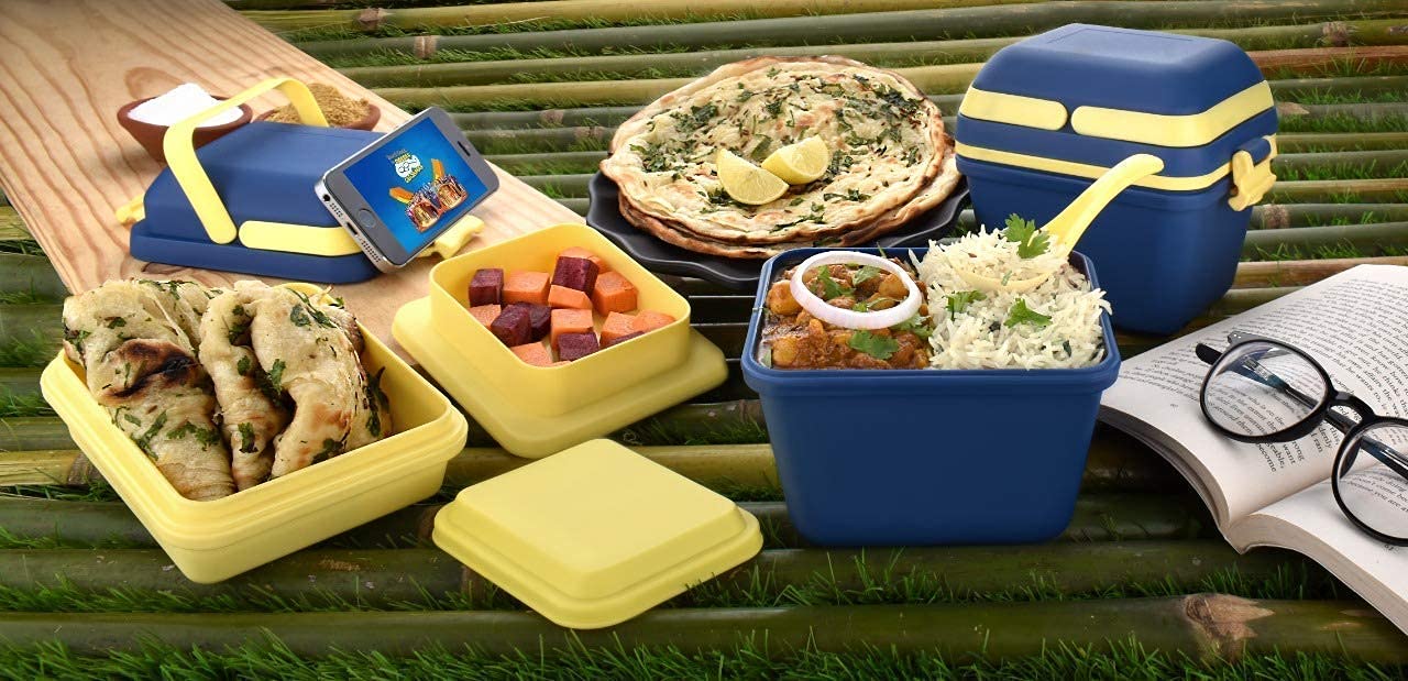 buy 1 get 1 free 3 compartment lunch box | stackable plastic tiffin with handle & push lock | airtight, leakproof & lightweight | ideal for school, office & travel (blue & grey 002) buy 1 get 1 free 3 compartment lunch box | stackable plastic tiffin with handle & push lock | airtight, leakproof & lightweight | ideal for school, office & travel (blue & grey 002)