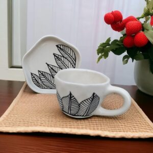 ceramic coffee mug with saucer ☕🍃 | elegant black leaf print cup set | premium ceramic tea & coffee mug for home, office & gifting | pack of 1
