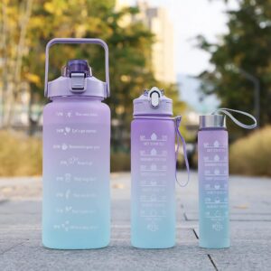 3 piece motivational water bottle set with straw – 2000ml, 900ml & 300ml | time marker large capacity cycling & sports bottles, leakproof, multicolor