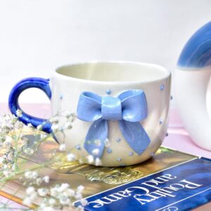 elegant ceramic coffee mug with blue bow design 🎀 | premium gift mug for tea & coffee | cream base with polka dots | pack of 1 ☕💙
