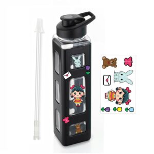 fancy kids water bottle with convenient straw & stickers | 1l leakproof square bottle for school, travel & outdoors – black (1pc)