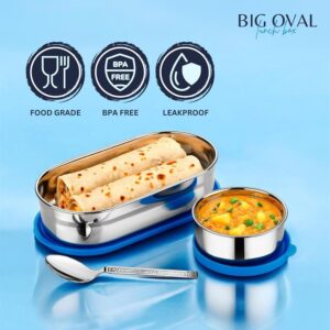 big oval stainless steel lunch box with 1 big box | compact airtight & leak proof tiffin for office, school & picnic | kids, girls & boys | blue 🍱💙