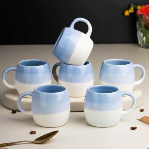 blue & white dual tone ceramic tea cup set – modern 330ml bone china mugs | microwave & dishwasher safe | pack of 6