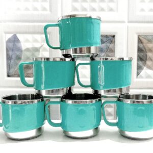 anixa creation classic stainless steel tea cup set – inner steel outer plastic payali cups | coffee & chai cups | mini cup set of 6 (aqua green)