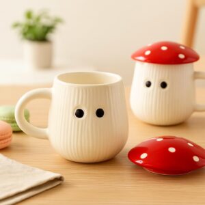 cute mushroom shaped ceramic coffee mug with lid 🍄 | premium aesthetic mug for coffee & tea lovers