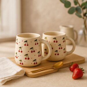 cherry blossom ceramic mug 🍒✨ | 300ml handcrafted cute coffee & tea cup | aesthetic kawaii mug | microwave safe